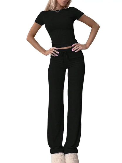 Summer Comfortable Casual Women's Home Sports Set 2025 New Fashionable Solid Color Slim Body Clothes + Trousers Two-piece Set