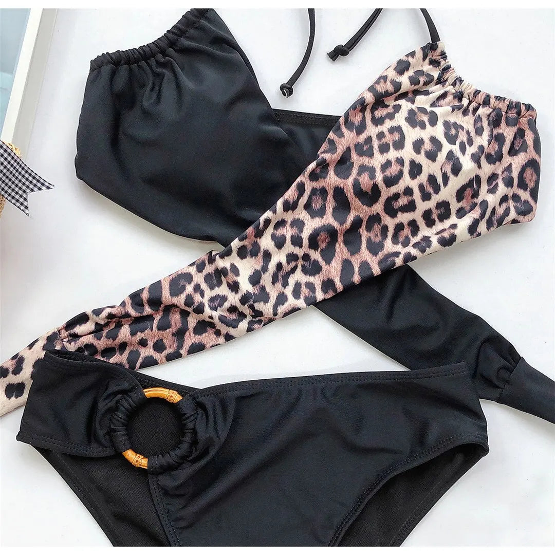 Sexy Mid Waist Splicing Leopard Bikini Female Swimsuit Women Swimwear Two-pieces Bikini set Bather Bathing Suit Swim Lady V2148