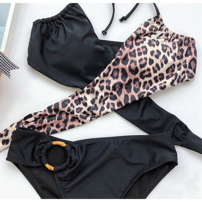 Sexy Mid Waist Splicing Leopard Bikini Female Swimsuit Women Swimwear Two-pieces Bikini set Bather Bathing Suit Swim Lady V2148