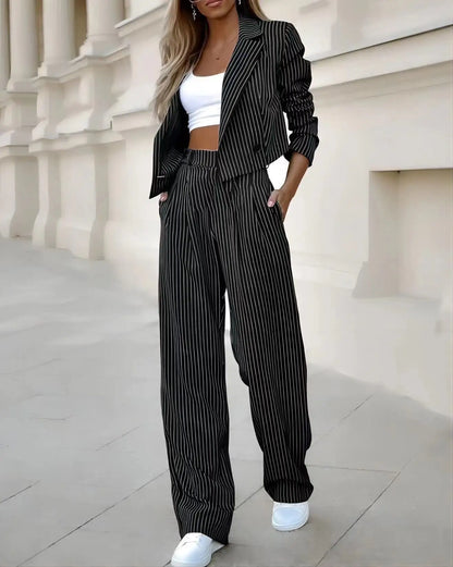 Women's Casual Striped Short Lapel Suit And Straight Pants Suit Conjuntos Femininos Elegantes Women's Pantsuit New Matching Sets