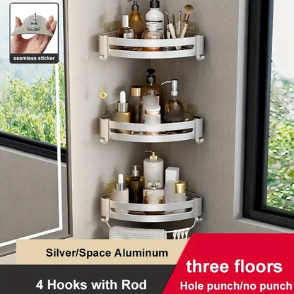 1pc Non-Drill Aluminum Bathroom Storage Rack - Wall-Mounted Corner Shelf for Shampoo, Makeup, and Accessories