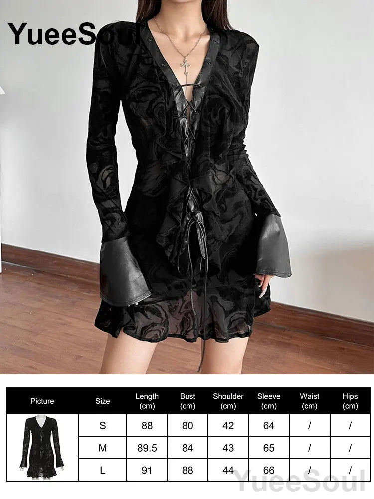 Halloween Gothic Grunge Punk Women Dress Long Sleeve Lace Slim Black Dresses 2025 New Y2K Harajuku Lolita Fairy Core Party Dress