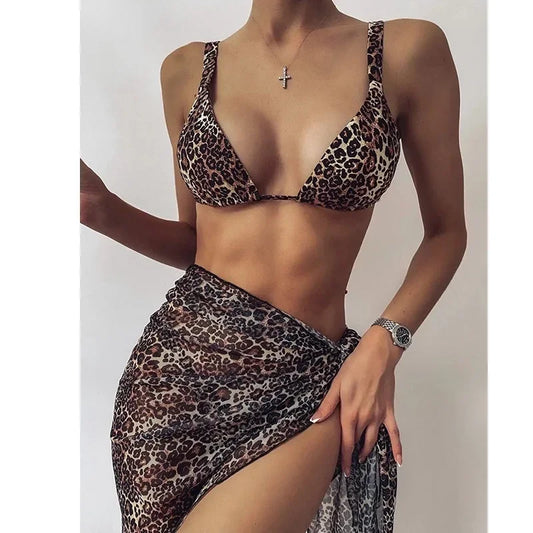 3 Piece Bikini Set Sexy Swimwear Swimsuit Women Triangle Leopard Rainbow Tie Dye Bikinis Set Bathing Suit Beach Skirt Cover Up