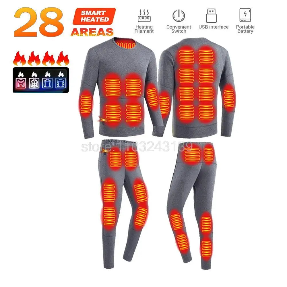 Winter Heated Thermal Underwear Men Heating Jacket Skiwear Heated Jacket Fleece Warm Top Pants USB Electric Heating Clothing