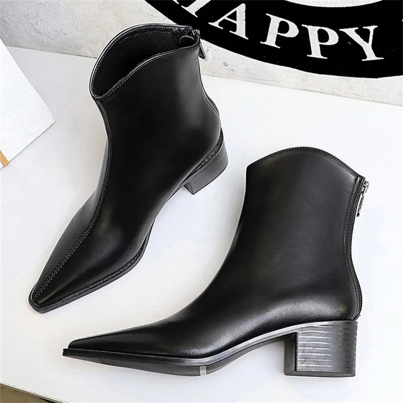 BIGTREE Street Style Designer Vintage Pointed Toe Zipper Women Ankle Boots Autumn Winter Fashion Square Heel Shoes Botas Mujer