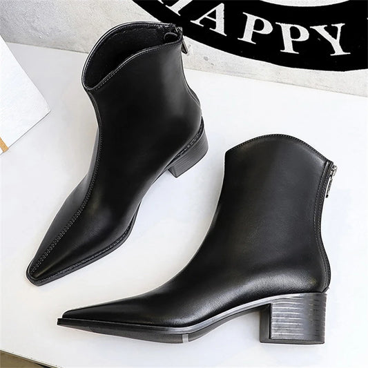 BIGTREE Street Style Designer Vintage Pointed Toe Zipper Women Ankle Boots Autumn Winter Fashion Square Heel Shoes Botas Mujer