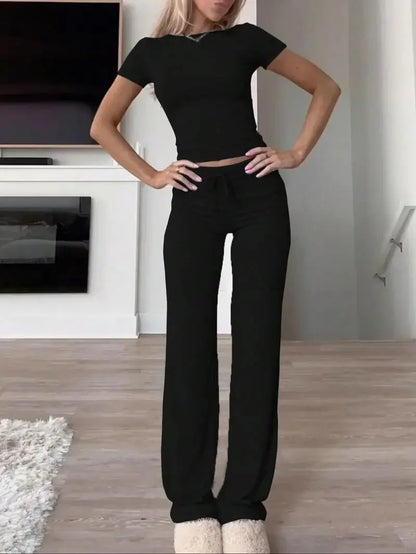 Summer Comfortable Casual Women's Home Sports Set 2025 New Fashionable Solid Color Slim Body Clothes + Trousers Two-piece Set
