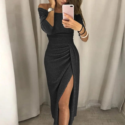 2025 Shiny Women Dress Bright Surface Sexy Off Shoulder Pleated High Waist Split Bodycon Dress Pleated Hip Wrap Evening Dress
