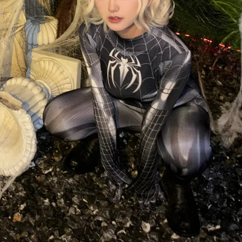 Superhero Female Spider Man Tight Fitting MJ Black Spider Sexy Cosplay Costume Jumpsuit Halloween Cosplay Costume