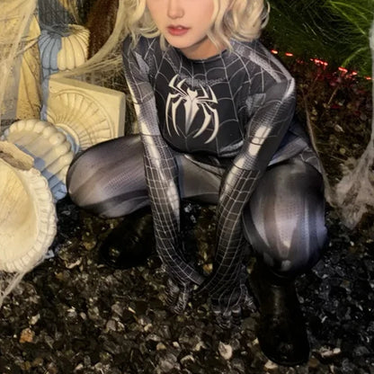 Superhero Female Spider Man Tight Fitting MJ Black Spider Sexy Cosplay Costume Jumpsuit Halloween Cosplay Costume