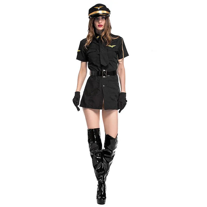 Black White Sexy Women Pilot Costumes Fancy Uniform Stewardess Cosplay Suit Carnival Masquerade Nightclub Role Play Dress