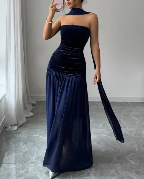 Womens Dresses  Spring Summer New Elegant Temperament Solid Color Strapless Patchwork Sleeveless Casual Long Dress