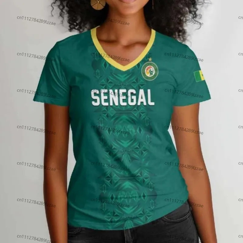 Women's Senegal Football Jersey V-Neck Tee African Team Pride Graphic Print Casual Breathable Sportswear Summer World Cup Fan Ge