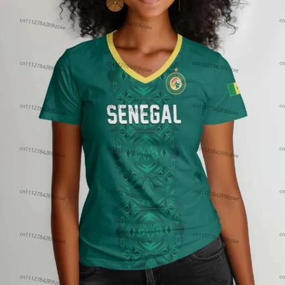 Women's Senegal Football Jersey V-Neck Tee African Team Pride Graphic Print Casual Breathable Sportswear Summer World Cup Fan Ge