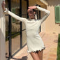 Autumn Winter Fashion Women Contrasting Ruffle Hem Mini Dress Elegant O-neck Long Sleeve Bodycon Dresses Street Short Robes