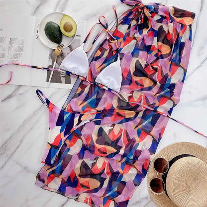 New Cube Printed Halter Bikini Female Swimsuit Women Swimwear Three-pieces Bikini set With Sarong Bather Bathing Suit Swim V2804