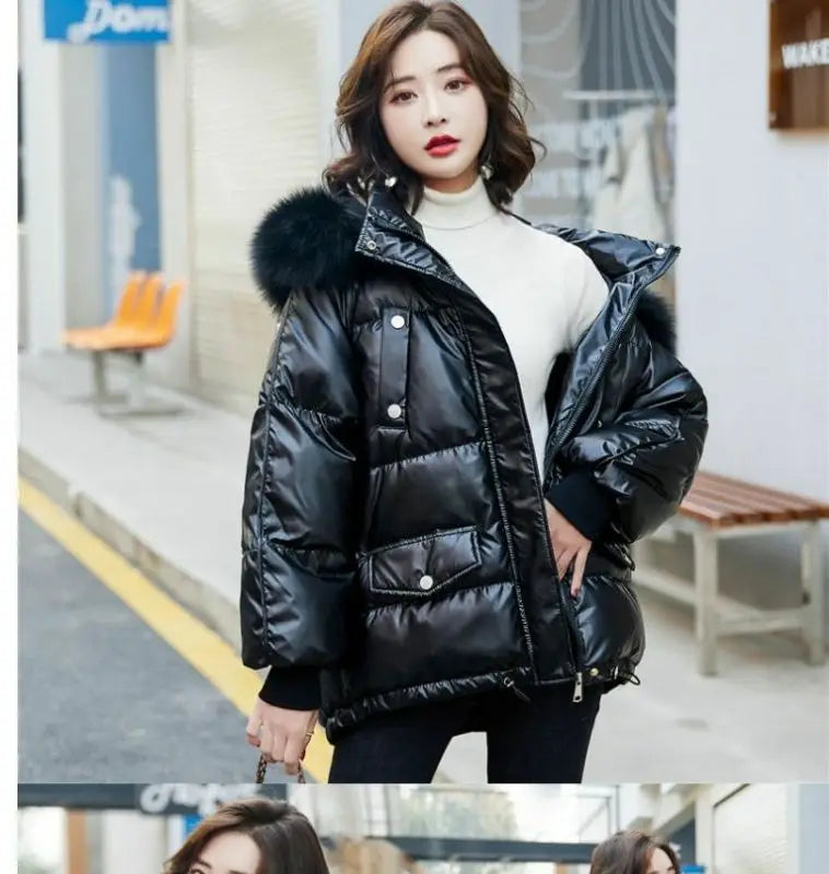 2025 Winter Fashion New Warm Duck Down Jacket Women's Clothes Glossy Fur collar Thicken Parka Short Down Coat Female Trend