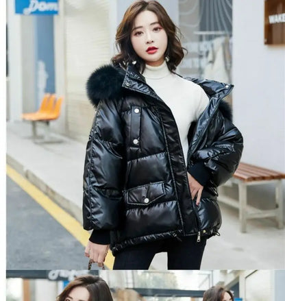 2025 Winter Fashion New Warm Duck Down Jacket Women's Clothes Glossy Fur collar Thicken Parka Short Down Coat Female Trend