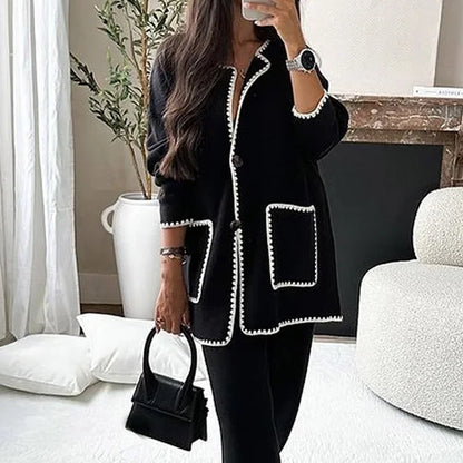 Women Autumn Winter Solid Two-piece Sets Fashion O Neck Double Pocket Buttons Tops Casual Straight Pants New Female Suits