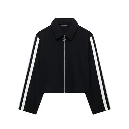 TRAFZA 2024 New Women Casual Black Trousers Suits Sports Short Jacket + Female Vinatge Black White Patchwork Baggy Pants Street