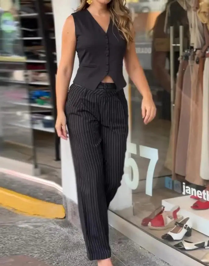 Two Piece Set Women Outfit New Fashion Striped Print V-Neck Front Button Tank & High Waist Pocket Design Straight Pants Set