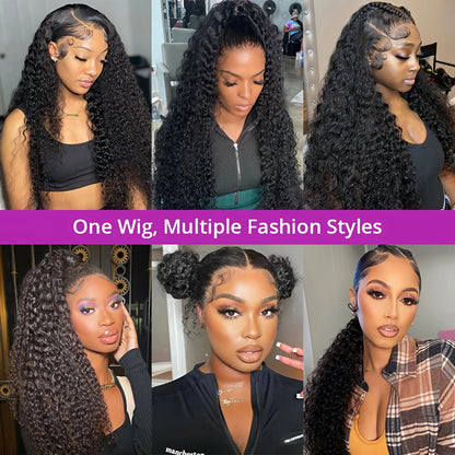 30-36 Inch 360 Full Invisi Strap Drawstring Sung Hd Lace 250 Density Water Kinky Curly Deep Human Hair Wig Black Glueless