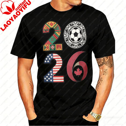 2026 USA Canada Mexico Soccer T-Shirt Cotton Shirt Tribal & Flag Graphic Tee, Ideal Gift for North American Football Enthusiasts