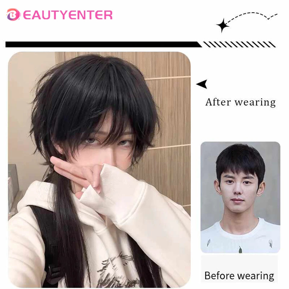 Mullet Head Wig Short Synthetic Straight golden black Fluffy Natural Wolf Tail Hair Men and Women Wig for Daily Party Cosplay