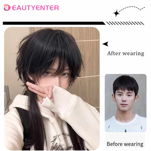 Mullet Head Wig Short Synthetic Straight golden black Fluffy Natural Wolf Tail Hair Men and Women Wig for Daily Party Cosplay