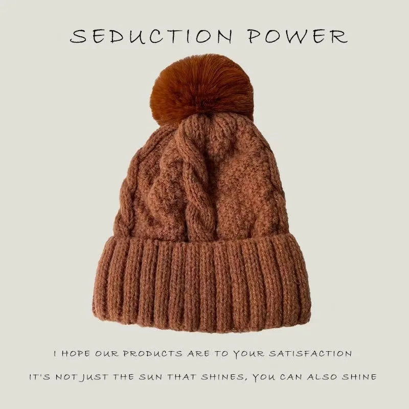 Winter Twist Knitting Hats Warm Fur Pompom Thick Plush Cap Beanies Solid Ladies Versatile Ski Snow Skullies Beanies Velvet Hat