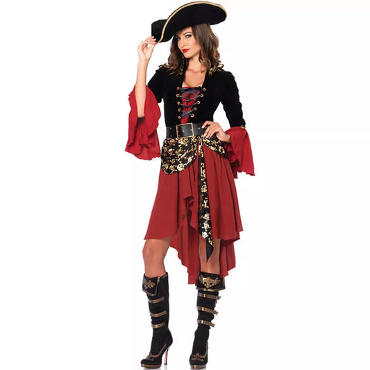 S-3XL Black Red Dress With Belt Pirate Hat Role Playing Cosplay Costume Halloween Women Sexy Underwear With Long Sleeves