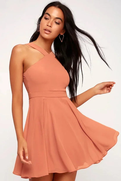 Women Sleeveless Backless Sexy Club Mini Dress 2024 Summer Party Strappy Back Zipper Solid Shift Halter Short Dresses