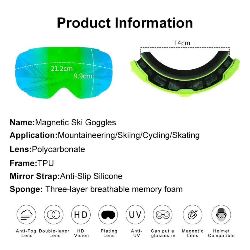 PHMAX Magnetic Ski Goggles UV400 Skiing Eyewear Anti-fog Lens Women Men Winter Outdoor Sports Mountain Snowboard Big Snow Goggle