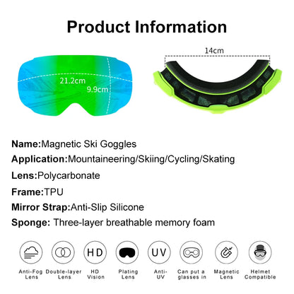 PHMAX Magnetic Ski Goggles UV400 Skiing Eyewear Anti-fog Lens Women Men Winter Outdoor Sports Mountain Snowboard Big Snow Goggle