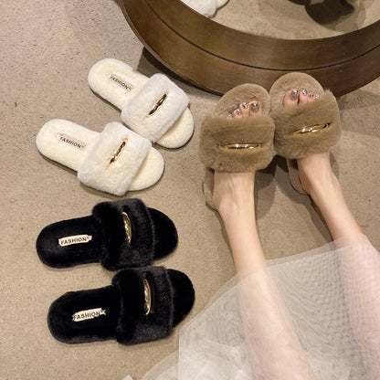 Fashion Winter Warm Women Slippers Cozy Faux Fur Cross Indoor Floor Slides Flat Soft Fluffy Female Celebrities Home Cotton Shoes