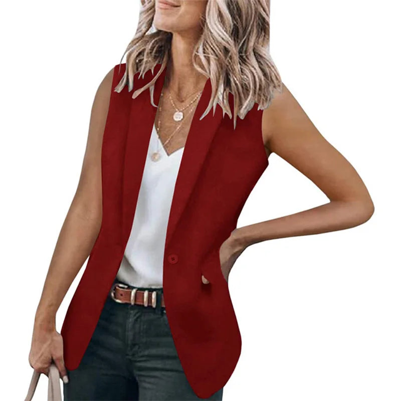 2023 Autumn New Style Sleeveless Solid Color Suit Collar Loose Cardigan Women's Wear