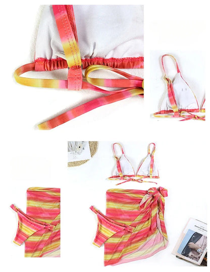 3 Piece Bikini Set Sexy Swimwear Swimsuit Women Triangle Leopard Rainbow Tie Dye Bikinis Set Bathing Suit Beach Skirt Cover Up