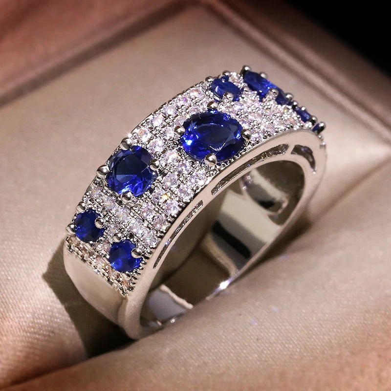 S925 Silver Ring Newest For Women Gorgeous Blue Nano CZ Genuine Sparkling Jewelry Gift Wedding Party
