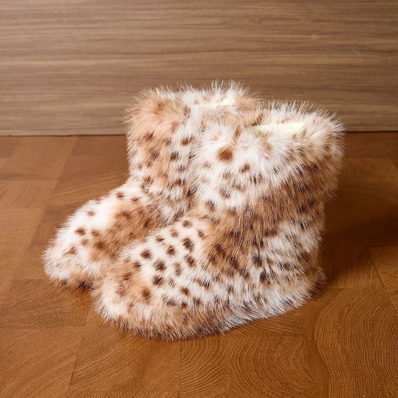 Leopard Winter Ankle Boots Female Fluffy Casual Plarform Women's Shoes Plush Luxury Design Indoor Outdoor Fuzzy Fur Snow Booties