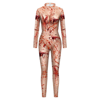 Women's Halloween Horror Role Bloodstained Jumpsuit Scary Cosplay Costume Bodysuit Uniform for Party
