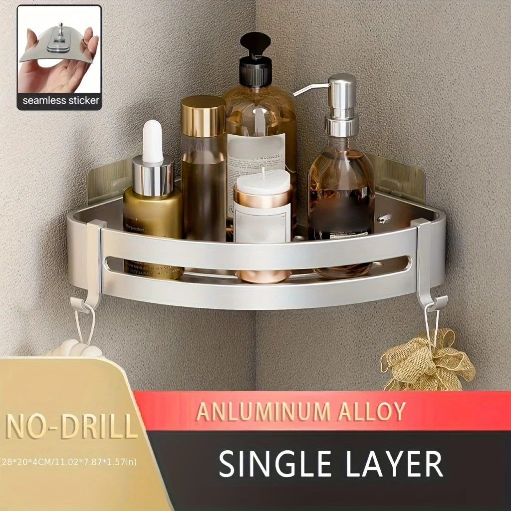 1pc Non-Drill Aluminum Bathroom Storage Rack - Wall-Mounted Corner Shelf for Shampoo, Makeup, and Accessories