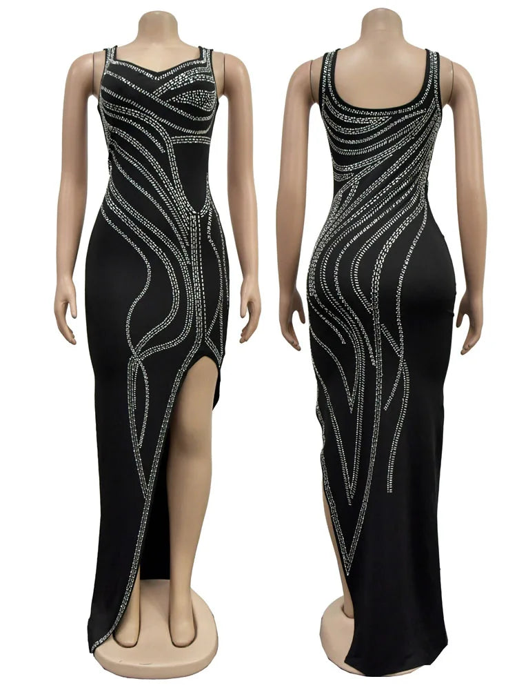 HBLL Women Dresses for Special Occasions Sexy Rhinestone Cocktail Floor Length Long Maxi Dress Evening Party Birthday Dresses