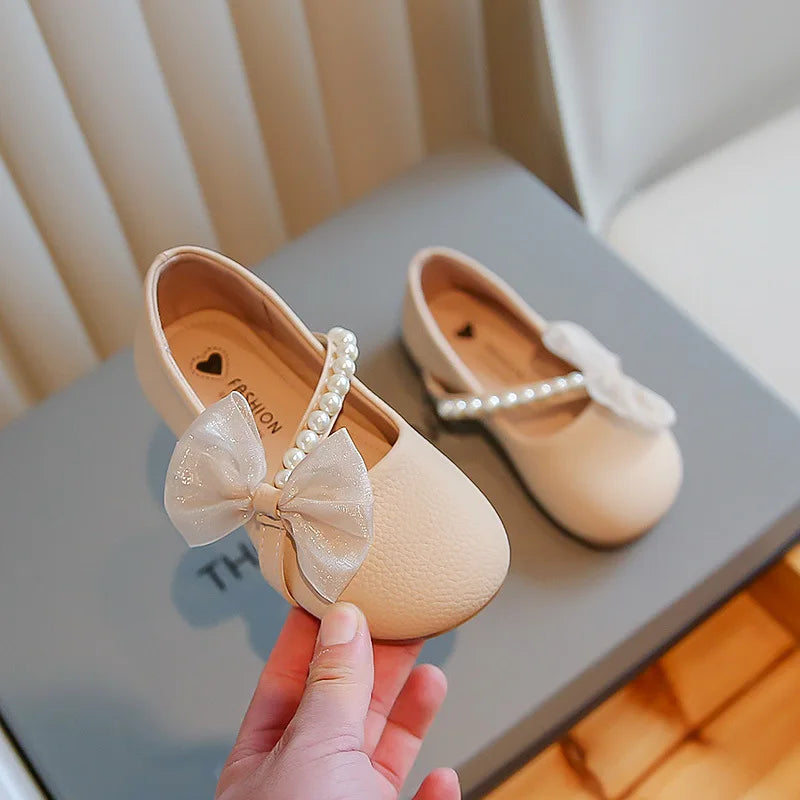 New Girl Princess Leather Shoes Chic Versatile Soft Elegant Fashion Lace Bowknot Beading Kid Loafers Wedding Slip-on Mary Janes