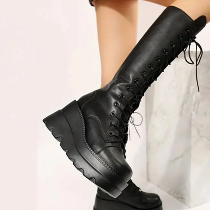 DoraTasia Black Gothic Fashion Round Toe Side Zipper Lace Up Women's Mid Calf Boots New INS Christmas Street Party Shoes Woman