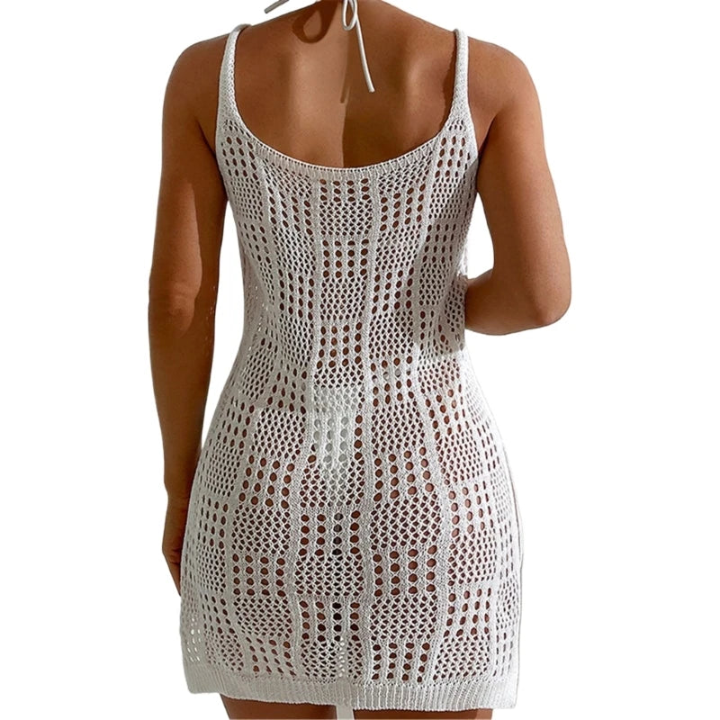 Women Sleeveless Beach Dress Crocheted Beach Cover Up Hollows Swimsuit Cover Up