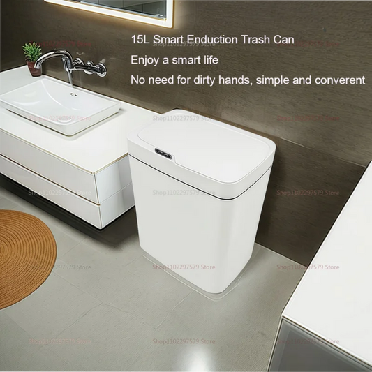 15L Non-Contact Smart Sensor Trash Can Automatic Bagging Electric Bathroom Kitchen Smart Waste Bin for Home Office White