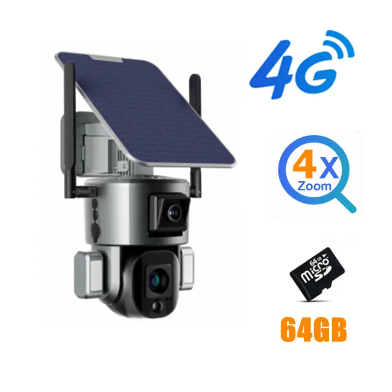 4K 8MP Dual Lens Solar Camera 10X/4X Zoom 4G SIM/WIFI Security Outdoor Camera Humanoid Tracking Color Night Vision Camera Solar