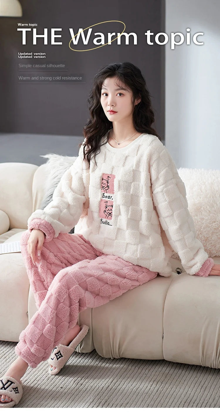 Thickened Warm Winter Couples Flannel Pajamas for Men and Women Cartoon Bear Sleepwear Loungewear Ladies Nightwear Homewear