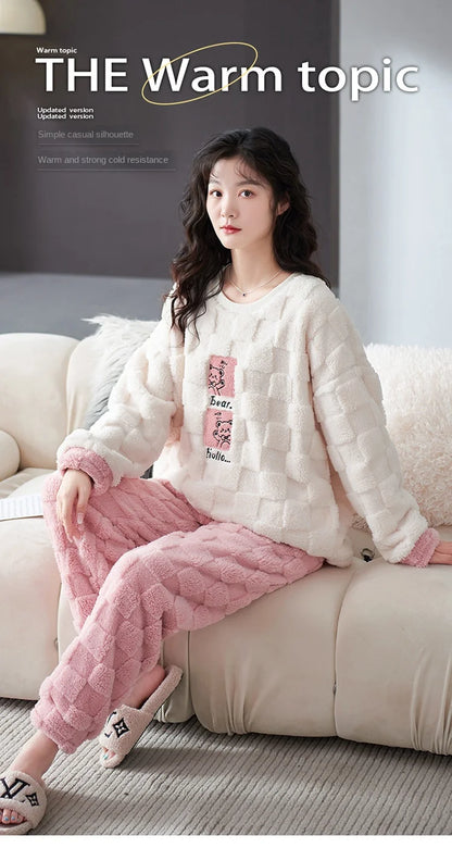 Thickened Warm Winter Couples Flannel Pajamas for Men and Women Cartoon Bear Sleepwear Loungewear Ladies Nightwear Homewear