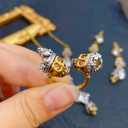 HUANZHI Retro Skeleton Hands Zircon Drop Earrings for Woman Hip-hop Golden Crown Skeleton Dangle Earrings Jewelry Wholesale Gift